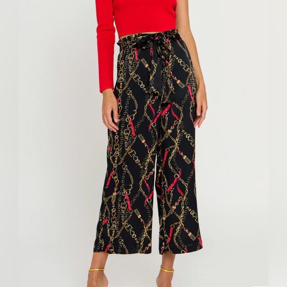 La’ Ven Anthropologie Black Chain Print Wide Leg Pants Size Small